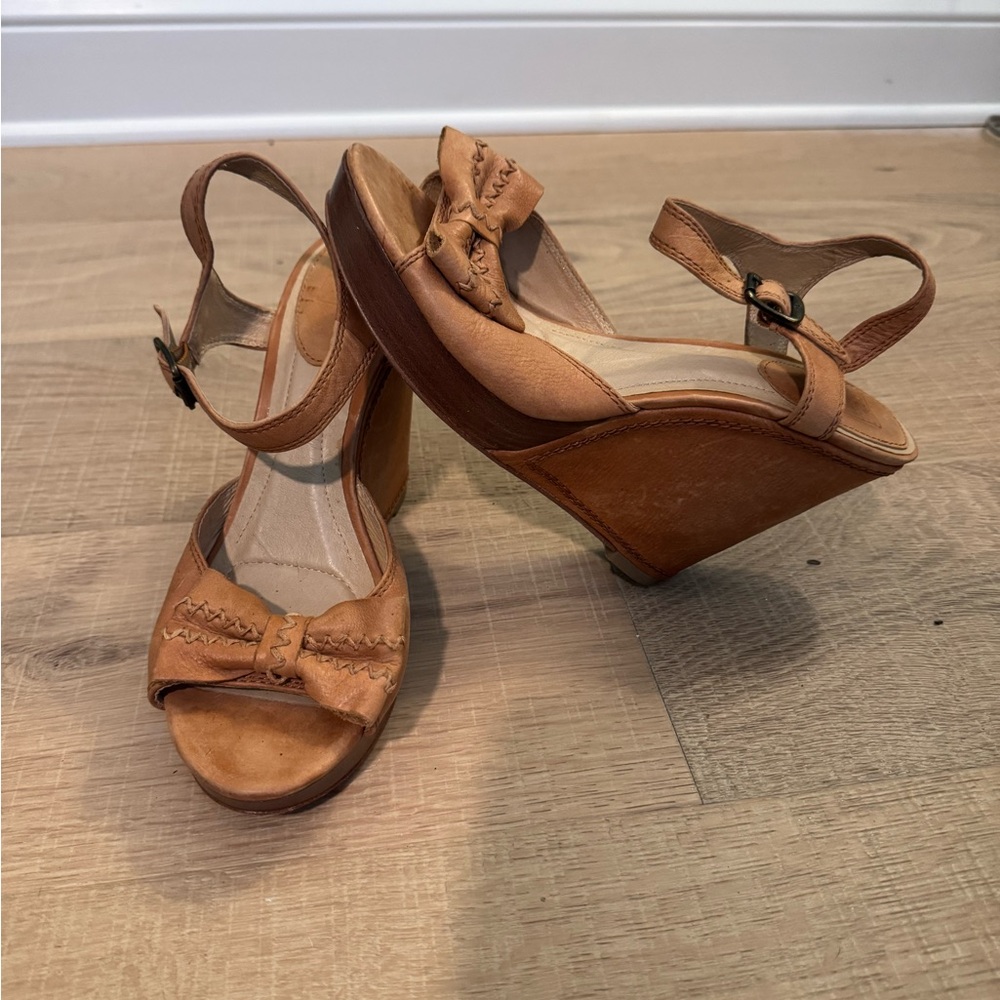 Frye Tan Leather Wedge Sandals with Bow Detail